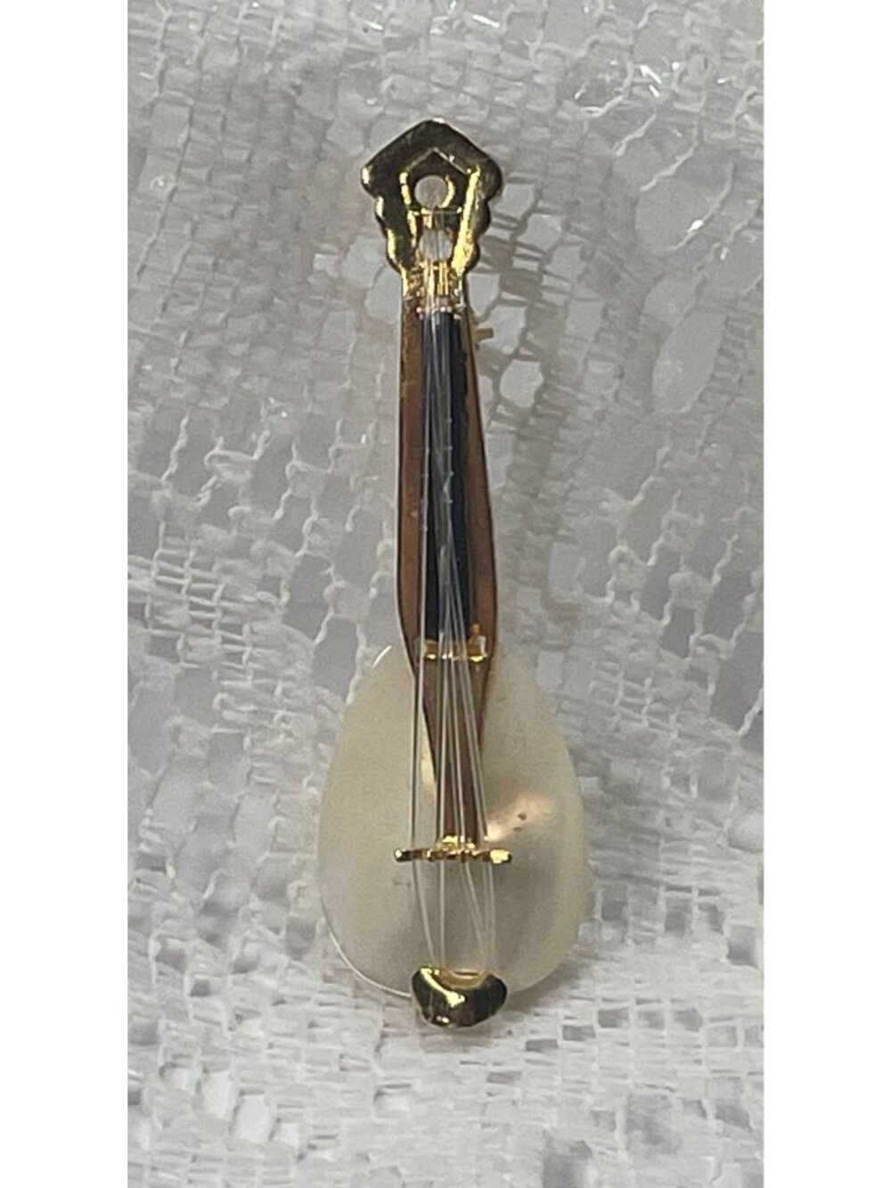 Miniature Gold & Clear Violin Brooch Pin With String Details